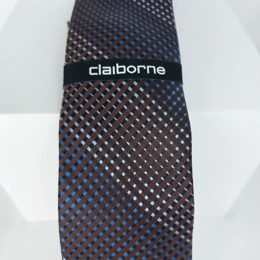 New CLAIBORNE Mens 100% Silk Necktie Blue Brown Geometric Modern 3